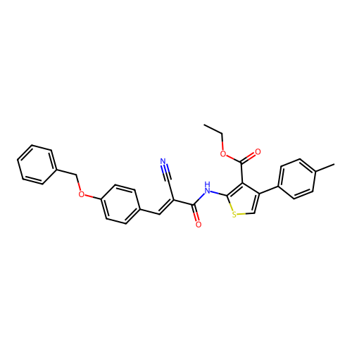 (E)-ethyl 2-(3-(4-(benzyloxy)phenyl)-2-cyanoacrylamido)-4-(p-tolyl)thiophene-3-carboxylate structure