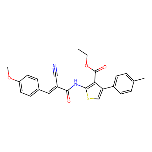(E)-ethyl 2-(2-cyano-3-(4-methoxyphenyl)acrylamido)-4-(p-tolyl)thiophene-3-carboxylate structure