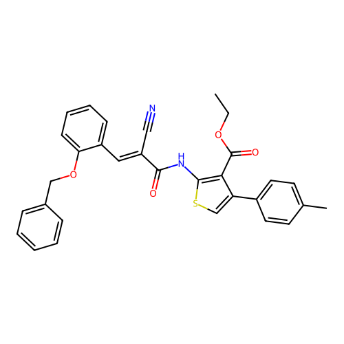 ethyl 2-({(2E)-3-[2-(benzyloxy)phenyl]-2-cyanoprop-2-enoyl}amino)-4-(4-methylphenyl)thiophene-3-carboxylate structure