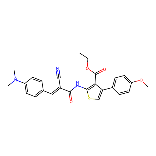 (E)-ethyl 2-(2-cyano-3-(4-(dimethylamino)phenyl)acrylamido)-4-(4-methoxyphenyl)thiophene-3-carboxylate structure