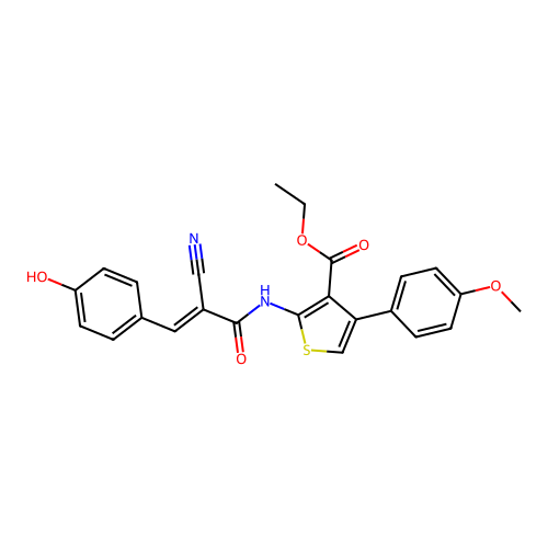 (E)-ethyl 2-(2-cyano-3-(4-hydroxyphenyl)acrylamido)-4-(4-methoxyphenyl)thiophene-3-carboxylate structure
