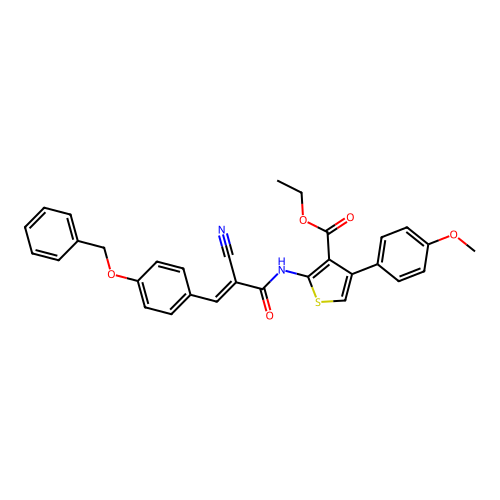 (E)-ethyl 2-(3-(4-(benzyloxy)phenyl)-2-cyanoacrylamido)-4-(4-methoxyphenyl)thiophene-3-carboxylate structure