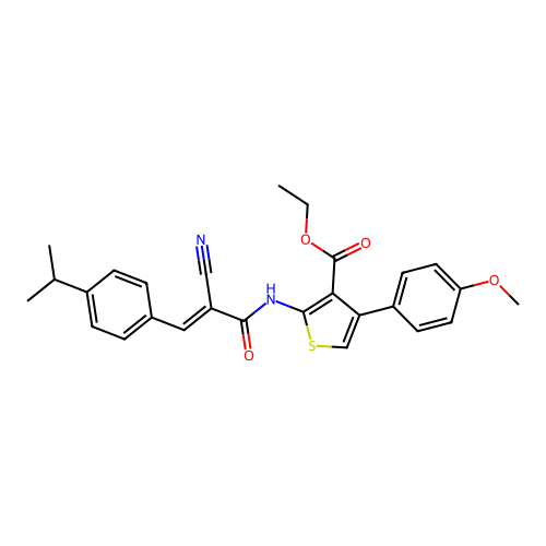 (E)-ethyl 2-(2-cyano-3-(4-isopropylphenyl)acrylamido)-4-(4-methoxyphenyl)thiophene-3-carboxylate structure