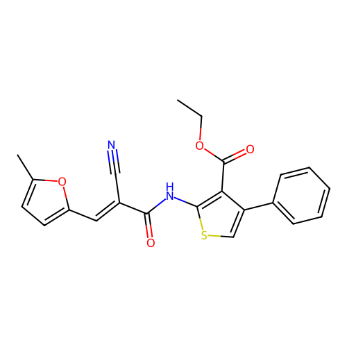 (E)-ethyl 2-(2-cyano-3-(5-methylfuran-2-yl)acrylamido)-4-phenylthiophene-3-carboxylate structure