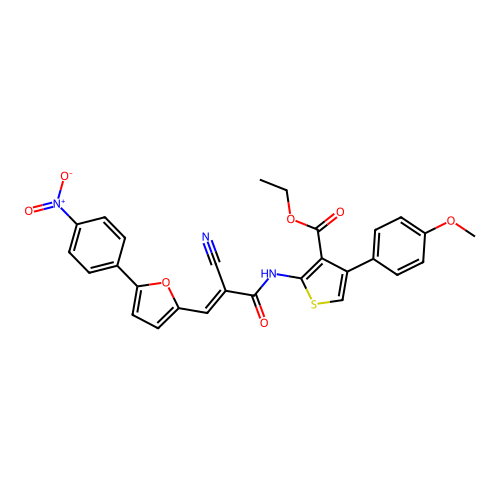 (E)-ethyl 2-(2-cyano-3-(5-(4-nitrophenyl)furan-2-yl)acrylamido)-4-(4-methoxyphenyl)thiophene-3-carboxylate structure