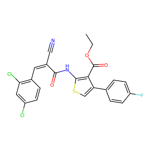 (Z)-ethyl 2-(2-cyano-3-(2,4-dichlorophenyl)acrylamido)-4-(4-fluorophenyl)thiophene-3-carboxylate structure