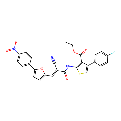 (E)-ethyl 2-(2-cyano-3-(5-(4-nitrophenyl)furan-2-yl)acrylamido)-4-(4-fluorophenyl)thiophene-3-carboxylate structure