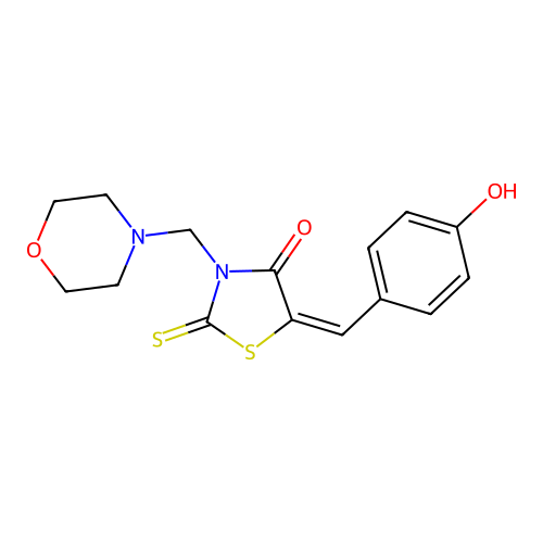 (E)-5-(4-hydroxybenzylidene)-3-(morpholinomethyl)-2-thioxothiazolidin-4-one structure
