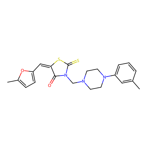 (5E)-5-[(5-methylfuran-2-yl)methylidene]-3-[[4-(3-methylphenyl)piperazin-1-yl]methyl]-2-sulfanylidene-1,3-thiazolidin-4-one structure