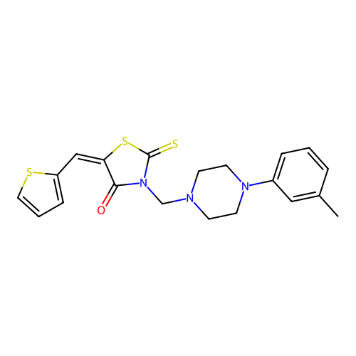 (5E)-3-[[4-(3-methylphenyl)piperazin-1-yl]methyl]-2-sulfanylidene-5-(thiophen-2-ylmethylidene)-1,3-thiazolidin-4-one structure