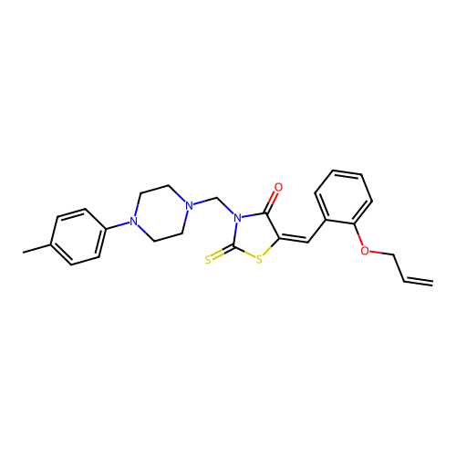 (5E)-3-[[4-(4-methylphenyl)piperazin-1-yl]methyl]-5-[(2-prop-2-enoxyphenyl)methylidene]-2-sulfanylidene-1,3-thiazolidin-4-one structure