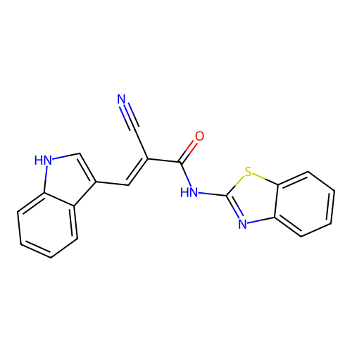 (2E)-N-(1,3-benzothiazol-2-yl)-2-cyano-3-(1H-indol-3-yl)prop-2-enamide structure