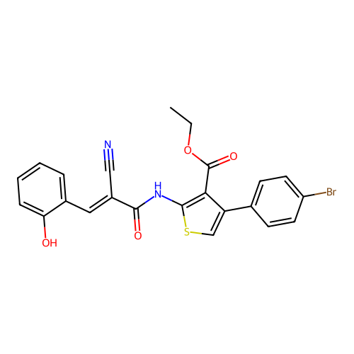 (E)-ethyl 4-(4-bromophenyl)-2-(2-cyano-3-(2-hydroxyphenyl)acrylamido)thiophene-3-carboxylate structure