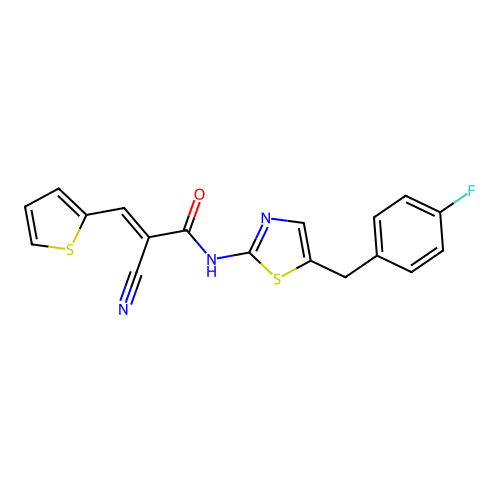 (2E)-2-cyano-N-[5-(4-fluorobenzyl)-1,3-thiazol-2-yl]-3-(thiophen-2-yl)prop-2-enamide structure