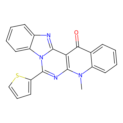 5-methyl-7-(thiophen-2-yl)benzimidazo[1',2':1,6]pyrimido[4,5-b]quinolin-14(5H)-one structure