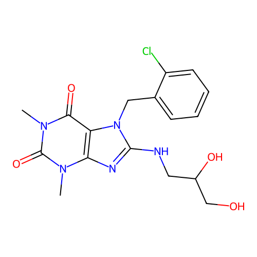 7-(2-chlorobenzyl)-8-((2,3-dihydroxypropyl)amino)-1,3-dimethyl-1H-purine-2,6(3H,7H)-dione structure