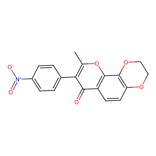 9-methyl-8-(4-nitrophenyl)-2,3-dihydro-7H-[1,4]dioxino[2,3-h]chromen-7-one structure