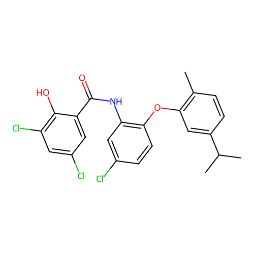 3,5-dichloro-N-{5-chloro-2-[2-methyl-5-(propan-2-yl)phenoxy]phenyl}-2-hydroxybenzamide structure