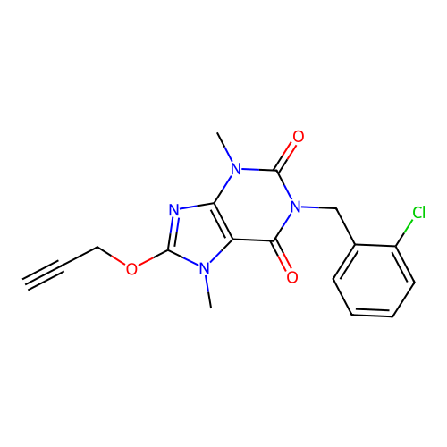 1-[(2-chlorophenyl)methyl]-3,7-dimethyl-8-prop-2-ynoxypurine-2,6-dione structure
