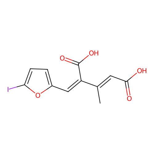(2E,4Z)-4-[(5-iodofuran-2-yl)methylidene]-3-methylpent-2-enedioic acid structure