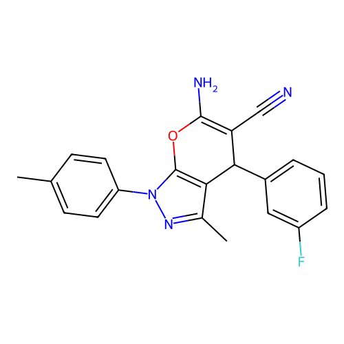 6-amino-4-(3-fluorophenyl)-3-methyl-1-(4-methylphenyl)-1,4-dihydropyrano[2,3-c]pyrazole-5-carbonitrile structure