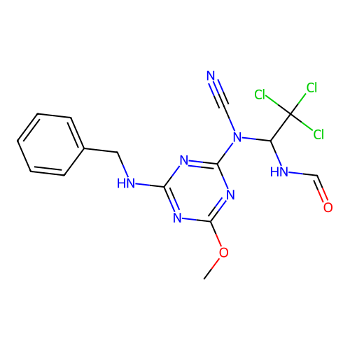 N-(1-(N-(4-(benzylamino)-6-methoxy-1,3,5-triazin-2-yl)cyanamido)-2,2,2-trichloroethyl)formamide structure