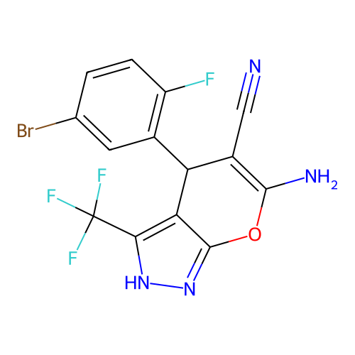 6-amino-4-(5-bromo-2-fluorophenyl)-3-(trifluoromethyl)-1,4-dihydropyrano[2,3-c]pyrazole-5-carbonitrile structure