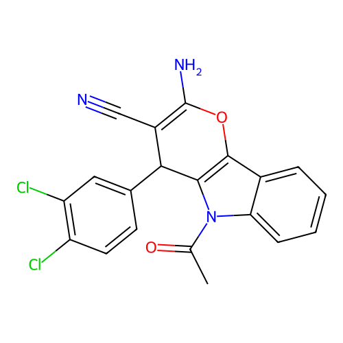 5-acetyl-2-amino-4-(3,4-dichlorophenyl)-4,5-dihydropyrano[3,2-b]indole-3-carbonitrile structure
