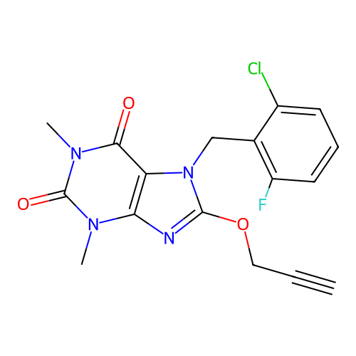 7-[(2-chloro-6-fluorophenyl)methyl]-1,3-dimethyl-8-prop-2-ynoxypurine-2,6-dione structure