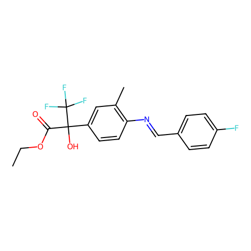 (E)-ethyl 3,3,3-trifluoro-2-(4-((4-fluorobenzylidene)amino)-3-methylphenyl)-2-hydroxypropanoate structure