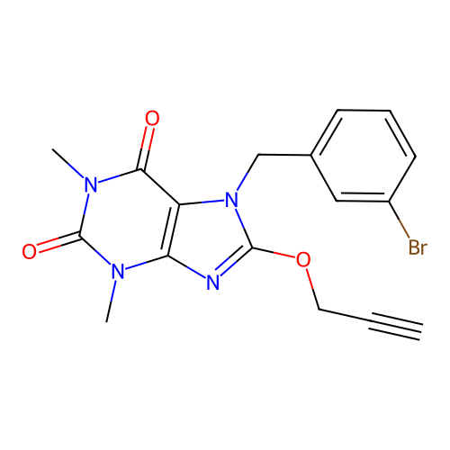 7-[(3-bromophenyl)methyl]-1,3-dimethyl-8-prop-2-ynoxypurine-2,6-dione structure
