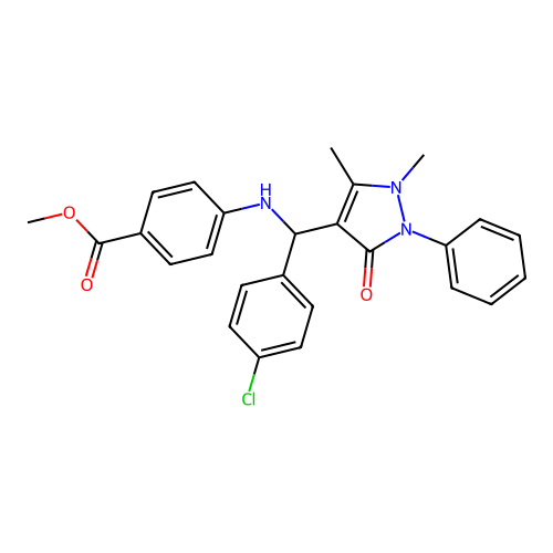 methyl 4-[[(4-chlorophenyl)-(1,5-dimethyl-3-oxo-2-phenylpyrazol-4-yl)methyl]amino]benzoate structure