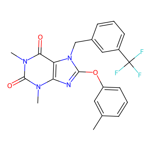 1,3-dimethyl-8-(3-methylphenoxy)-7-[[3-(trifluoromethyl)phenyl]methyl]purine-2,6-dione structure