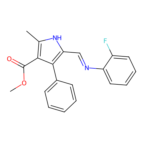 (E)-methyl 5-(((2-fluorophenyl)imino)methyl)-2-methyl-4-phenyl-1H-pyrrole-3-carboxylate structure