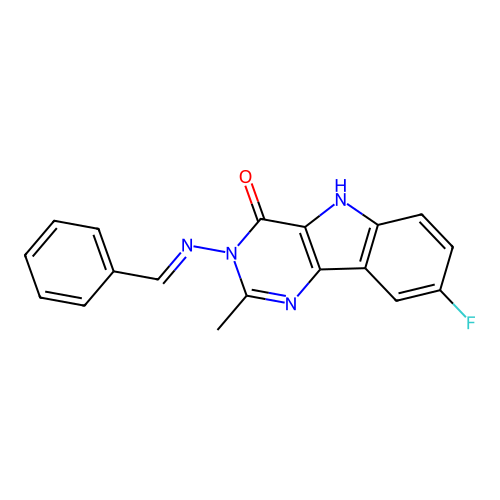 3-[(E)-benzylideneamino]-8-fluoro-2-methyl-5H-pyrimido[5,4-b]indol-4-one structure