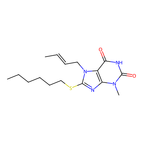 7-[(E)-but-2-enyl]-8-hexylsulfanyl-3-methylpurine-2,6-dione structure