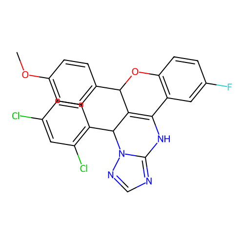 7-(2,4-dichlorophenyl)-2-fluoro-6-(4-methoxyphenyl)-7,12-dihydro-6H-chromeno[4,3-d][1,2,4]triazolo[1,5-a]pyrimidine structure