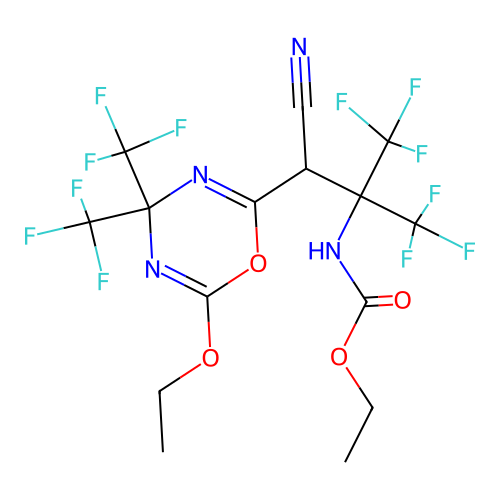 ethyl (2-(cyano(6-ethoxy-4,4-bis(trifluoromethyl)-4H-1,3,5-oxadiazin-2-yl)methyl)-1,1,1,3,3,3-hexafluoropropan-2-yl)carbamate structure