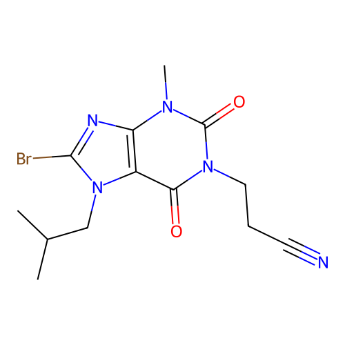 3-[8-bromo-3-methyl-7-(2-methylpropyl)-2,6-dioxopurin-1-yl]propanenitrile structure