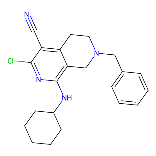 7-benzyl-3-chloro-1-(cyclohexylamino)-5,6,7,8-tetrahydro-2,7-naphthyridine-4-carbonitrile structure