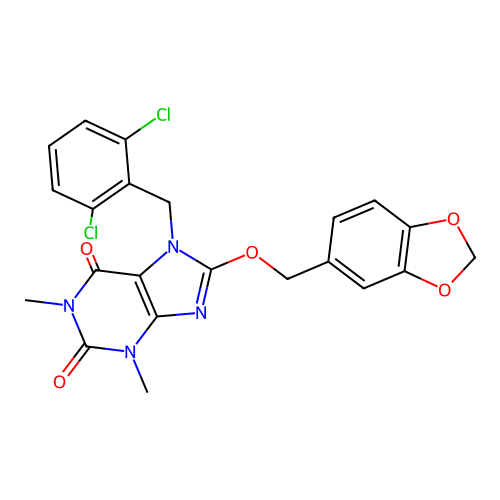 8-(benzo[d][1,3]dioxol-5-ylmethoxy)-7-(2,6-dichlorobenzyl)-1,3-dimethyl-1H-purine-2,6(3H,7H)-dione structure