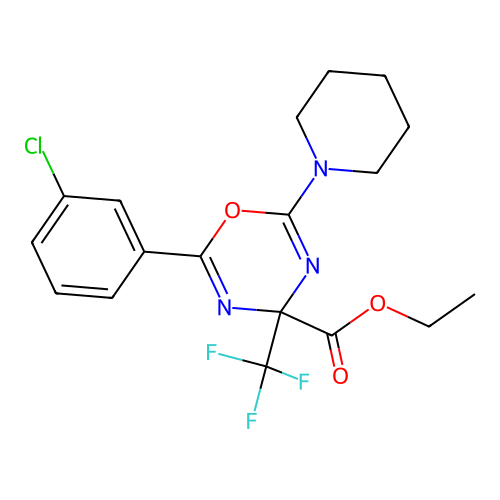 ethyl 2-(3-chlorophenyl)-6-(piperidin-1-yl)-4-(trifluoromethyl)-4H-1,3,5-oxadiazine-4-carboxylate structure