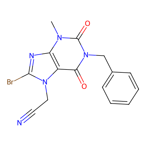 2-(1-benzyl-8-bromo-3-methyl-2,6-dioxo-purin-7-yl)acetonitrile structure