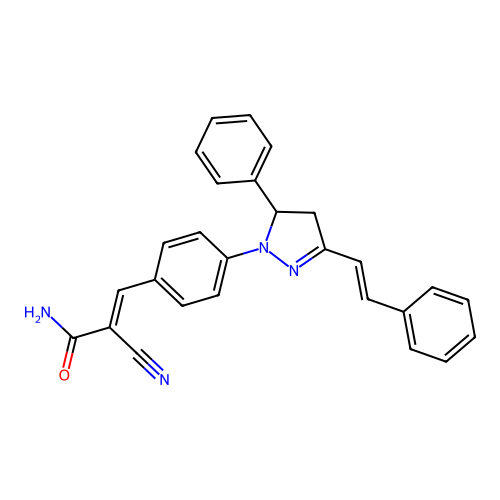 (2E)-2-cyano-3-(4-{5-phenyl-3-[(E)-2-phenylethenyl]-4,5-dihydro-1H-pyrazol-1-yl}phenyl)prop-2-enamide structure