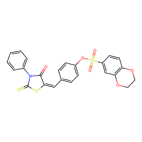 4-{[(5Z)-4-oxo-3-phenyl-2-sulfanylidene-1,3-thiazolidin-5-ylidene]methyl}phenyl 2,3-dihydro-1,4-benzodioxine-6-sulfonate structure