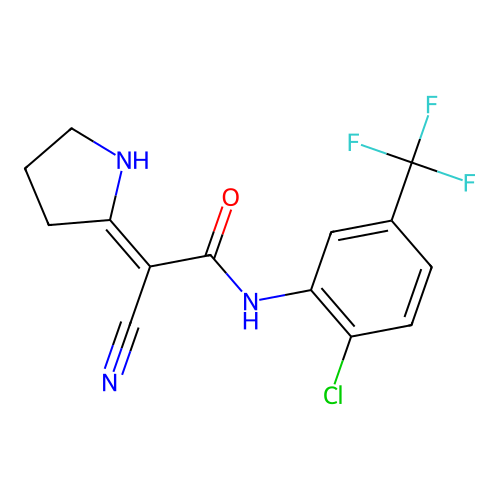 (2Z)-N-[2-chloro-5-(trifluoromethyl)phenyl]-2-cyano-2-pyrrolidin-2-ylideneacetamide structure