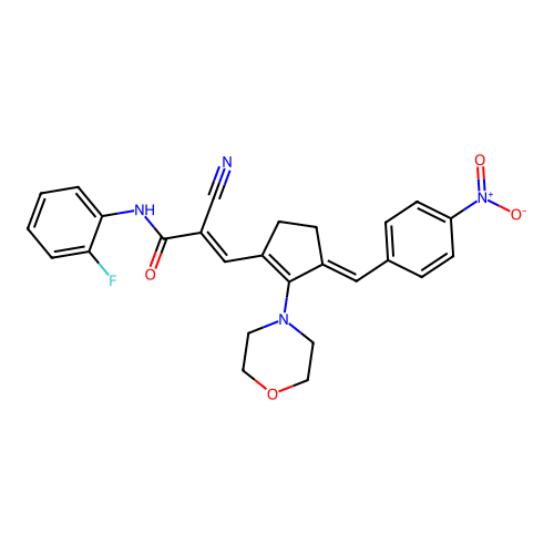 (E)-2-cyano-N-(2-fluorophenyl)-3-[(3E)-2-morpholin-4-yl-3-[(4-nitrophenyl)methylidene]cyclopenten-1-yl]prop-2-enamide structure