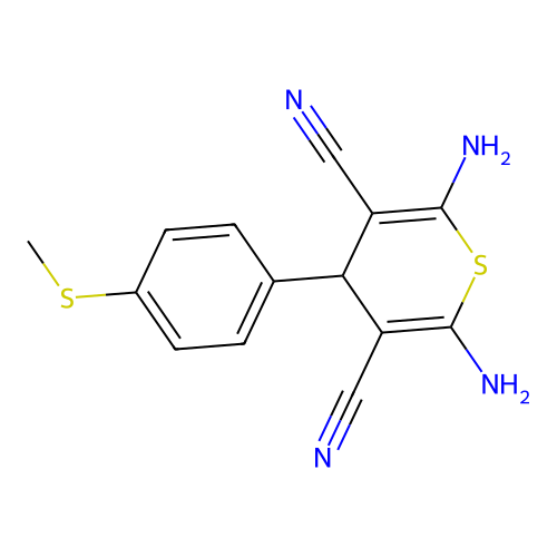 2,6-diamino-4-[4-(methylsulfanyl)phenyl]-4H-thiopyran-3,5-dicarbonitrile structure