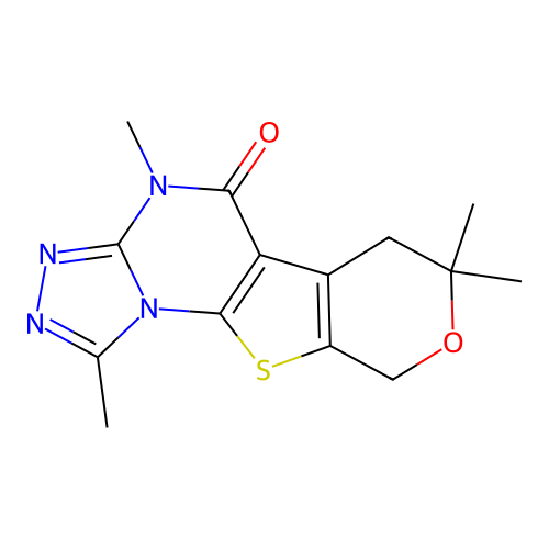 1,4,7,7-tetramethyl-6,7-dihydro-4H-pyrano[4',3':4,5]thieno[3,2-e][1,2,4]triazolo[4,3-a]pyrimidin-5(9H)-one structure