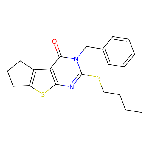 3-benzyl-2-(butylsulfanyl)-3,5,6,7-tetrahydro-4H-cyclopenta[4,5]thieno[2,3-d]pyrimidin-4-one structure